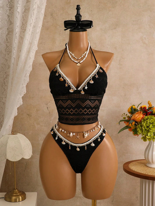 Bellisia 2pcs/Set Women's Camisole Strap Bikini Swimwear, Sexy Solid Color Mesh Fabric With Shell Decor, Vacation
