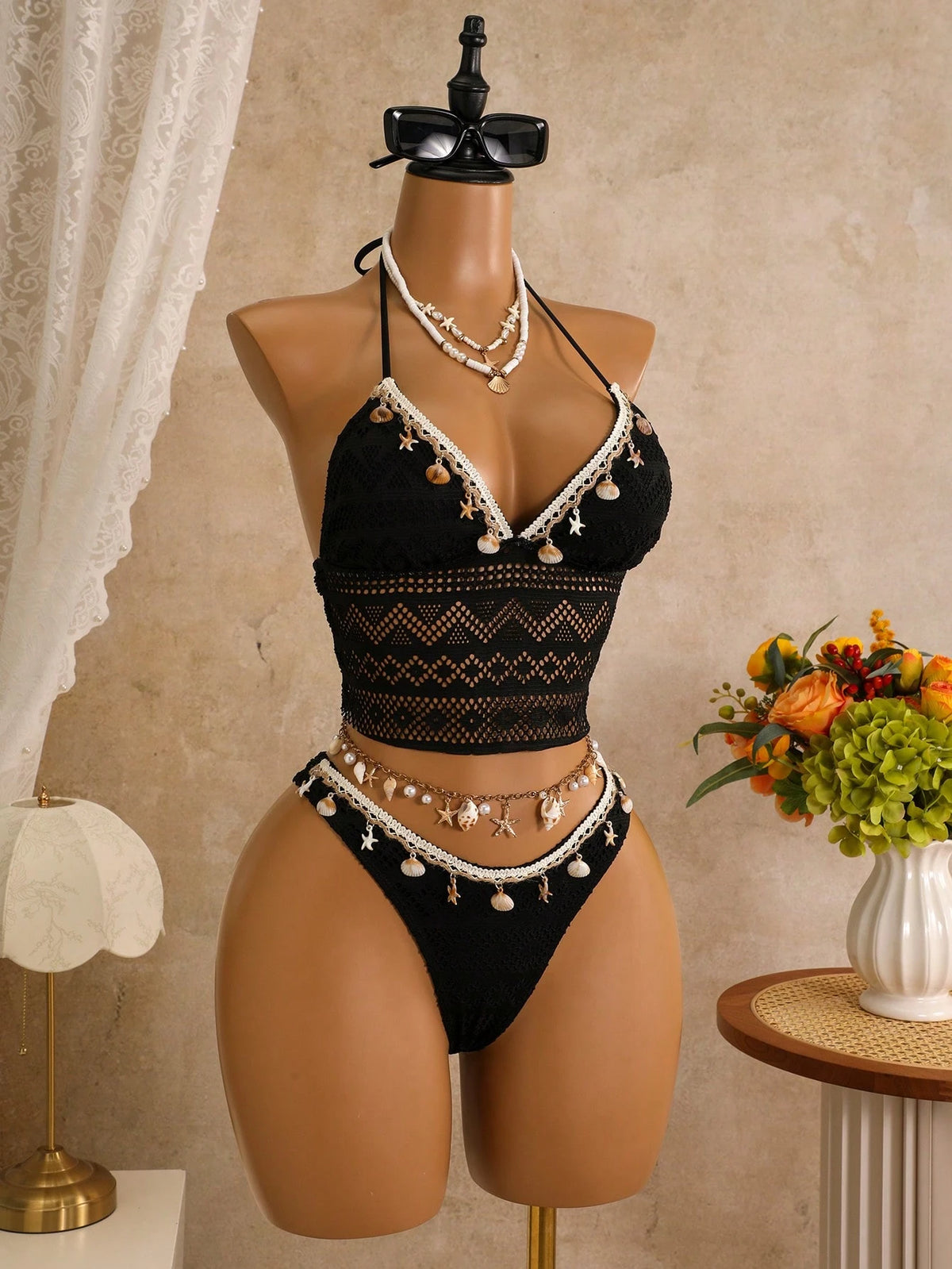 Bellisia 2pcs/Set Women's Camisole Strap Bikini Swimwear, Sexy Solid Color Mesh Fabric With Shell Decor, Vacation