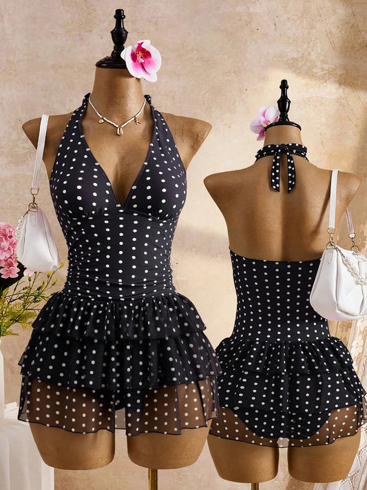 Bellisia Stylish Halter Neck Polka Dot Swim Dress For Women White With Black Polka Dots Geometric Pattern Sleeveless Tiered Short Beach Summer Cute