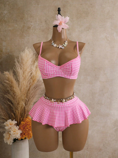 Bellisia Women's 2 Pieces Plaid Print Tankini Swimwear With Underwire, Suitable For Summer Beach