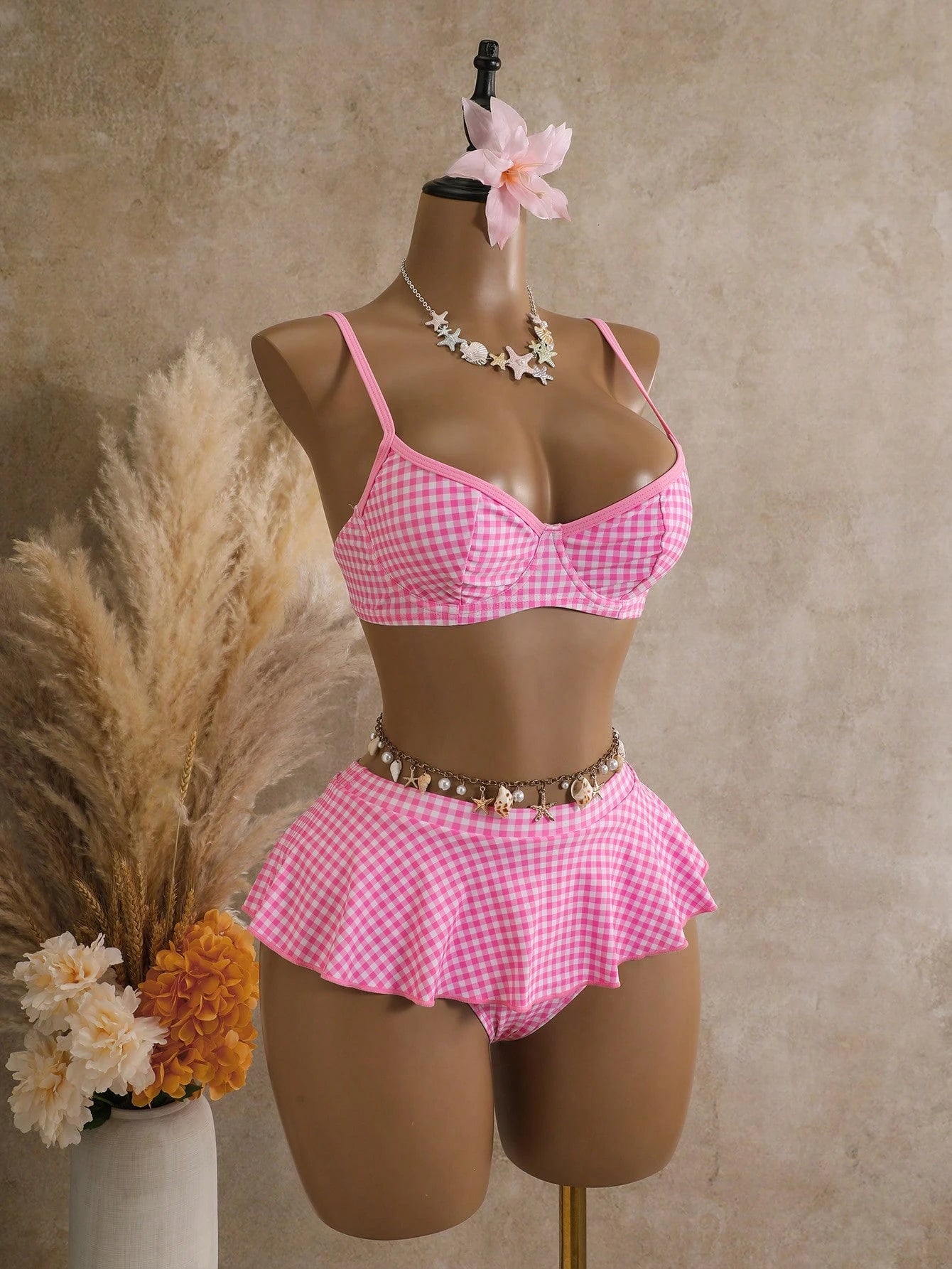 Bellisia Women's 2 Pieces Plaid Print Tankini Swimwear With Underwire, Suitable For Summer Beach