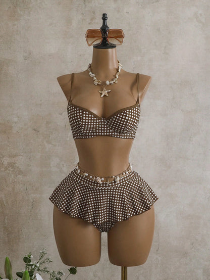Bellisia Women's 2 Pieces Plaid Print Tankini Swimwear With Underwire, Suitable For Summer Beach