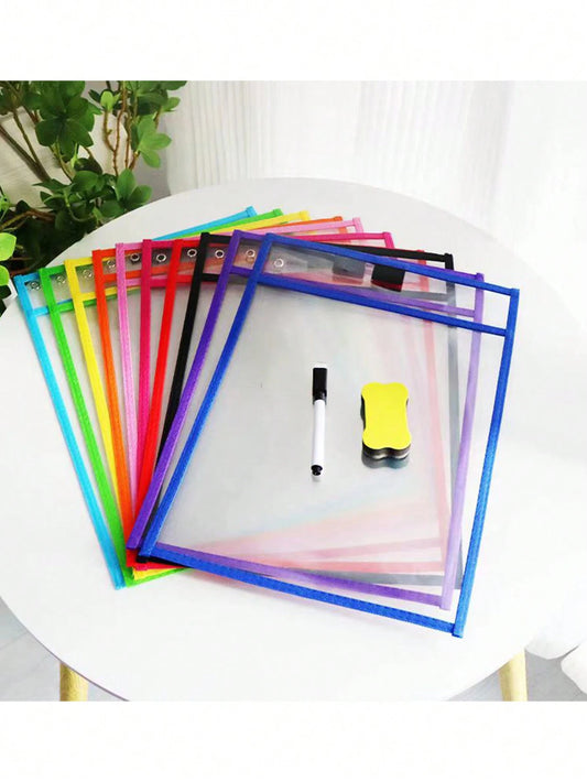 BELLKIDS 6/12 Pcs Transparent Double-Sided Erasable Whiteboard Bags With 8 Color Pens, Hanging Writing File Folder, Colorful Doodle And Drawing Bag, PVC Storage Pouch, Literacy Game, Interactive Props