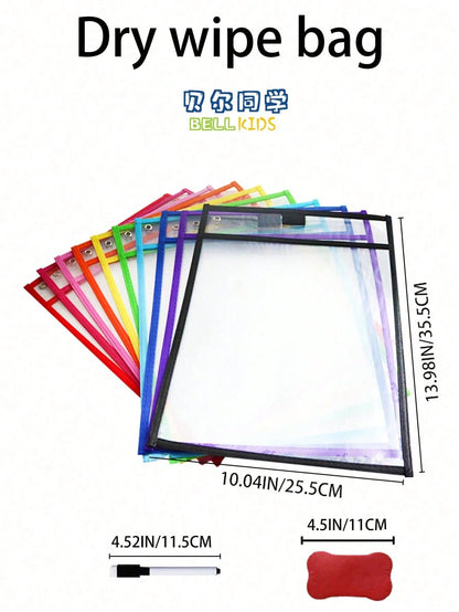 BELLKIDS 6/12 Pcs Transparent Double-Sided Erasable Whiteboard Bags With 8 Color Pens, Hanging Writing File Folder, Colorful Doodle And Drawing Bag, PVC Storage Pouch, Literacy Game, Interactive Props