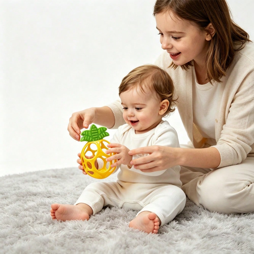 Best Newborn Gift: Soft Grip Ball Rattle- Fruit Shaped Design- Sensory Development Toy, Enhances Hand Grasping Ability