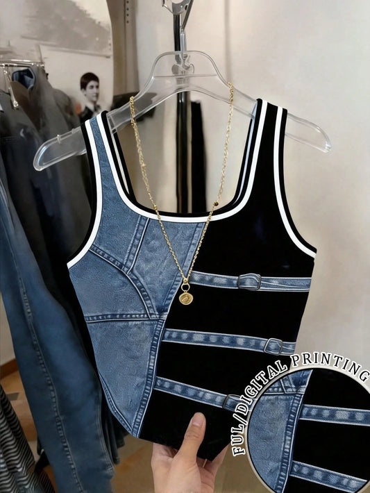 Best-Selling Regular Denim Print Fitted Tank Top For Women