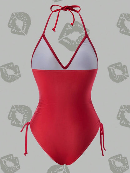 Betty Boop x Women Summer Leopard Letter & Cartoon Figure Graphic Drawstring Ruched Side Halter One-Piece Swimsuit One Piece Swimsuit Red One Piece Swimsuit