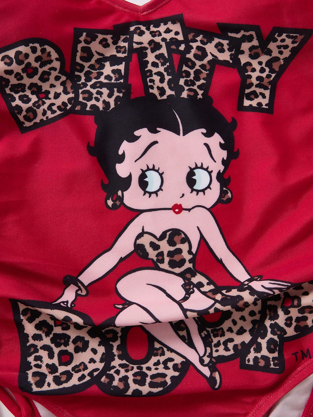 Betty Boop x Women Summer Leopard Letter & Cartoon Figure Graphic Drawstring Ruched Side Halter One-Piece Swimsuit One Piece Swimsuit Red One Piece Swimsuit