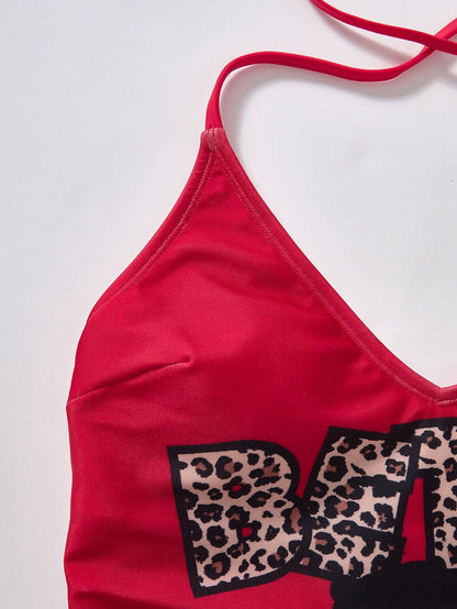 Betty Boop x Women Summer Leopard Letter & Cartoon Figure Graphic Drawstring Ruched Side Halter One-Piece Swimsuit One Piece Swimsuit Red One Piece Swimsuit