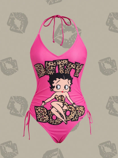 Betty Boop x Women Summer Leopard Letter & Cartoon Figure Graphic Drawstring Ruched Side Halter One-Piece Swimsuit One Piece Swimsuit Red One Piece Swimsuit