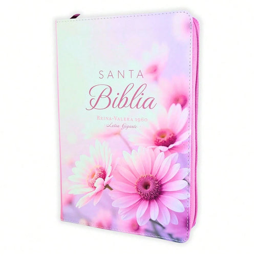 Biblia Con Cierre Para Mujer Letra Gigante Manual 14 Puntos RV1960, Imit Piel Duotono Blanco Y Rosa Margaritas Con Indice Y Canto Floral