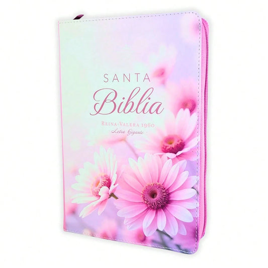 Biblia Con Cierre Para Mujer Letra Gigante Manual 14 Puntos RV1960, Imit Piel Duotono Blanco Y Rosa Margaritas Con Indice Y Canto Floral
