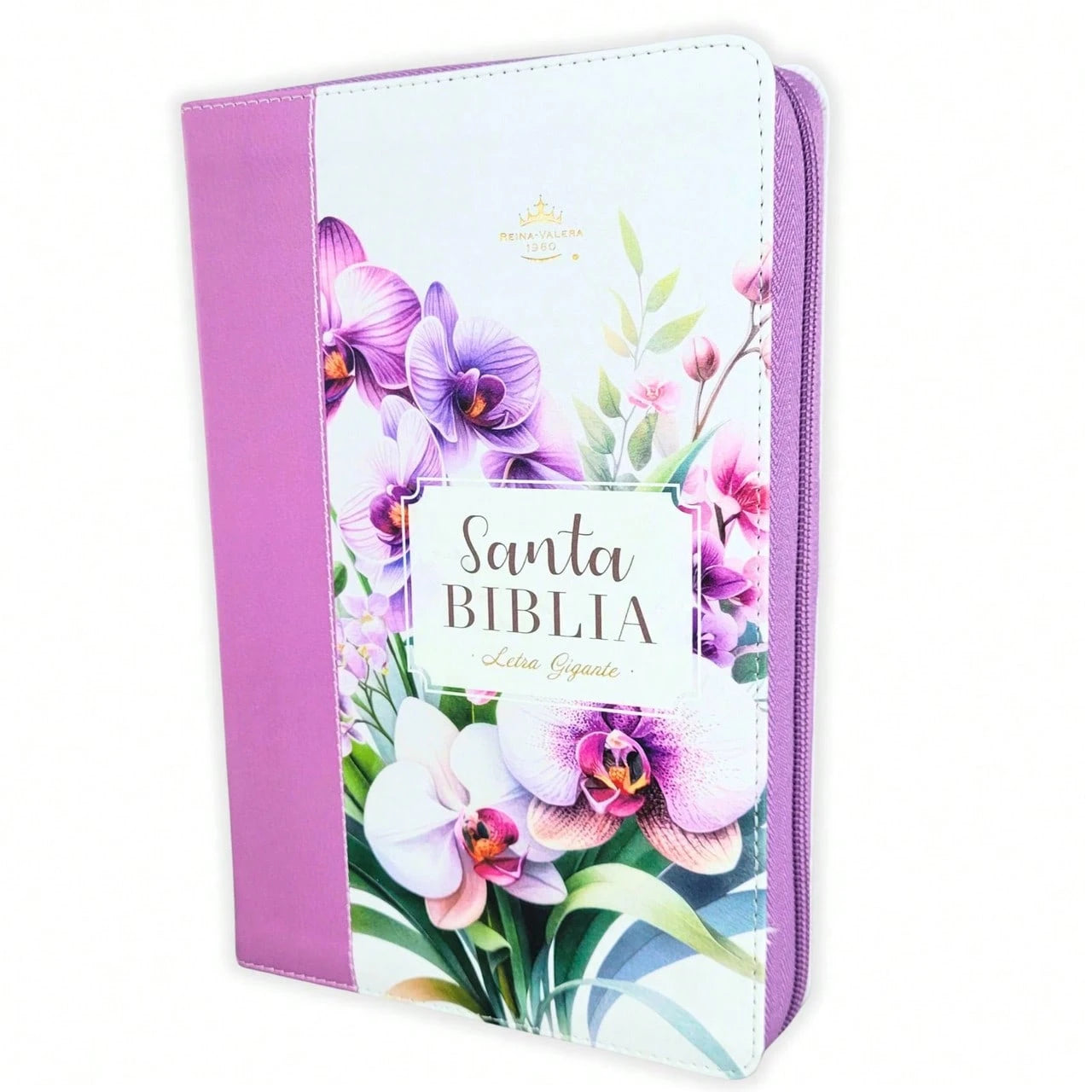 Biblia Con Cierre Para Mujer Letra Gigante Manual 14 Puntos RV1960, Imit Piel Floral Lila Orquidea Con Indice Y Canto Floral