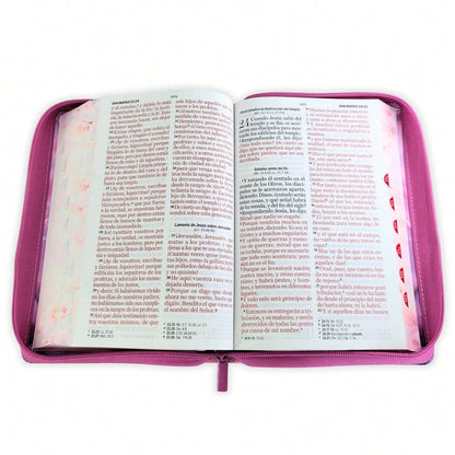 Biblia Con Cierre Para Mujer Letra Gigante Manual 14 Puntos RV1960, Imit Piel Duotono Blanco Y Rosa Margaritas Con Indice Y Canto Floral