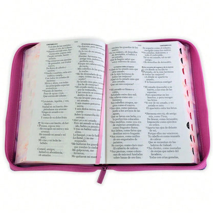 Biblia Con Cierre Para Mujer Letra Gigante Manual 14 Puntos RV1960, Imit Piel Duotono Blanco Y Rosa Margaritas Con Indice Y Canto Floral