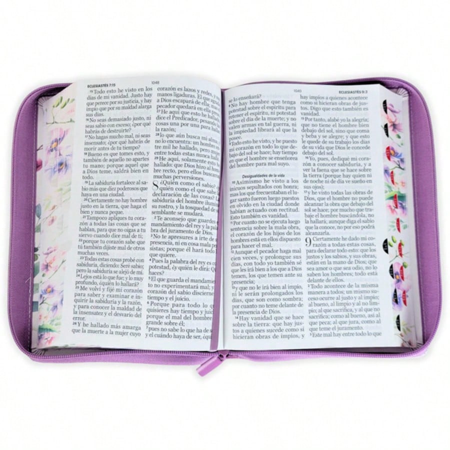 Biblia Con Cierre Para Mujer Letra Gigante Manual 14 Puntos RV1960, Imit Piel Floral Lila Orquidea Con Indice Y Canto Floral