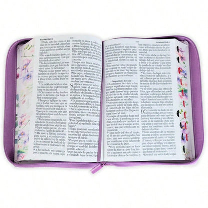 Biblia Con Cierre Para Mujer Letra Gigante Manual 14 Puntos RV1960, Imit Piel Floral Lila Orquidea Con Indice Y Canto Floral