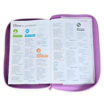 Biblia Con Cierre Para Mujer Letra Gigante Manual 14 Puntos RV1960, Imit Piel Floral Lila Orquidea Con Indice Y Canto Floral