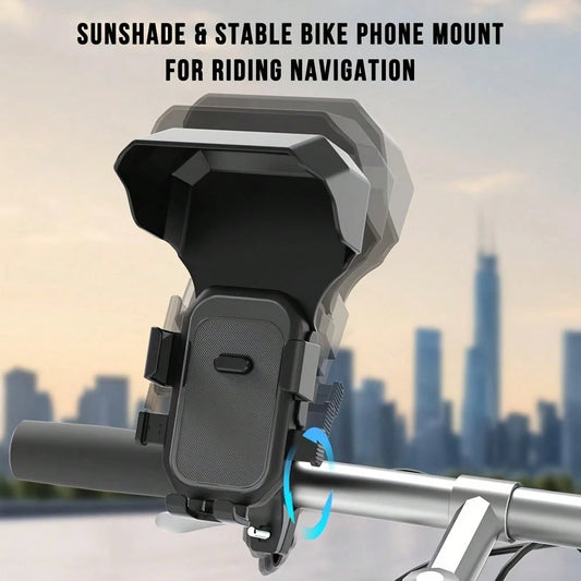 Bicycle & Motorcycle Universal Phone Holder, 360° Rotating Adjustable With Sunshade, Compatible With Most Smartphones, Enhances Riding Navigation Safety