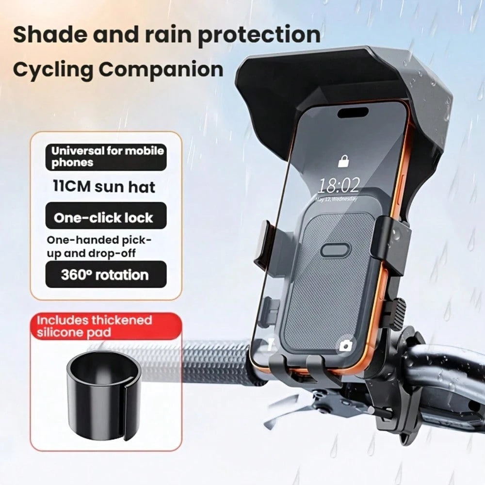 Bicycle & Motorcycle Universal Phone Holder, 360° Rotating Adjustable With Sunshade, Compatible With Most Smartphones, Enhances Riding Navigation Safety