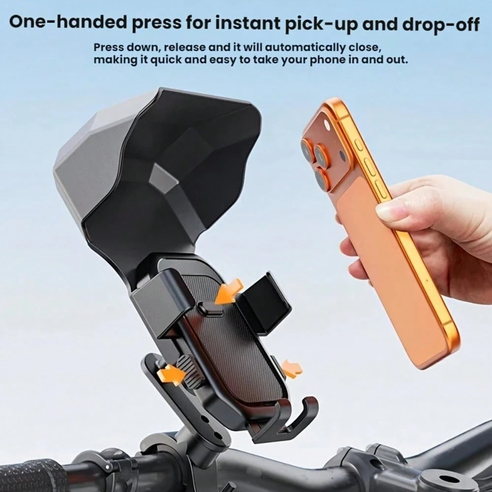 Bicycle & Motorcycle Universal Phone Holder, 360° Rotating Adjustable With Sunshade, Compatible With Most Smartphones, Enhances Riding Navigation Safety