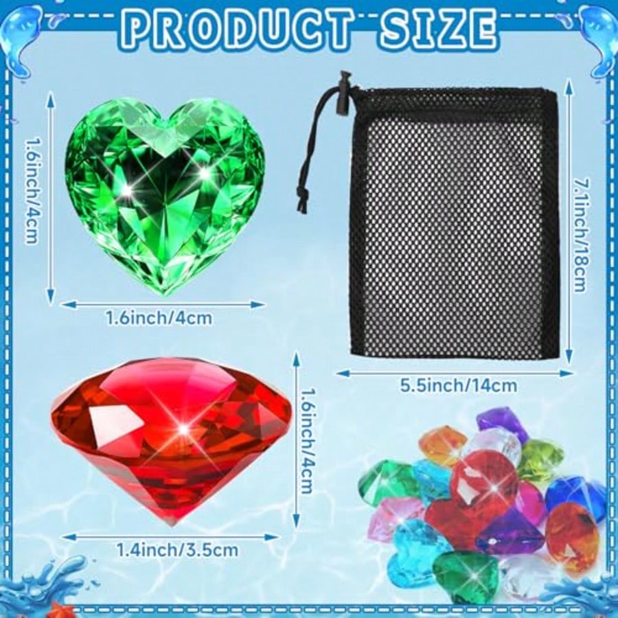 Big Pool Toys Dive Gems, 16Pcs Lagre Pool Gems Acrylic Diamond Diving Jewels Pirate Treasure Chest Gemstones(Random Style) For Beach Underwater Throw Game Toys Swimming Training Summer Party Favors