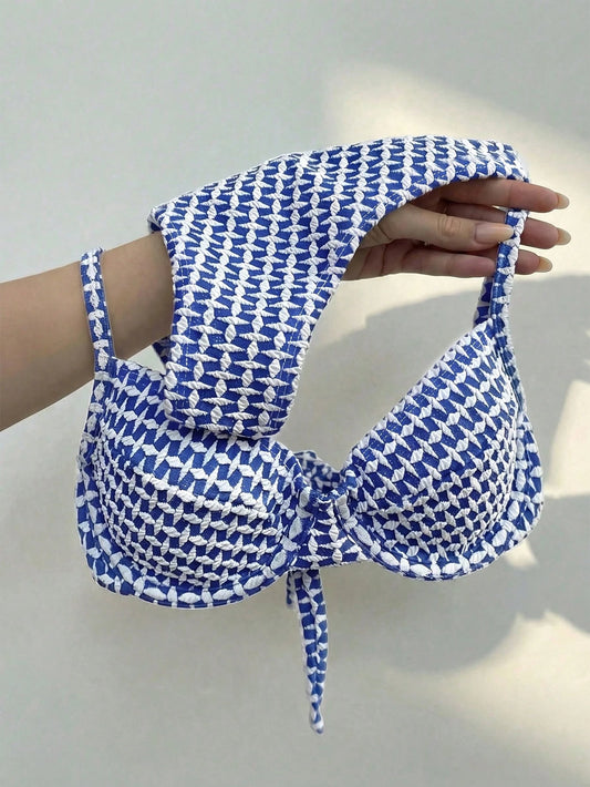 Bikinx Women's Blue & White Jacquard Textured Fabric Bikini Swimwear, Spaghetti Strap Backless Tie-Up, Suitable For Beach Vacation Summer, Resort Wear