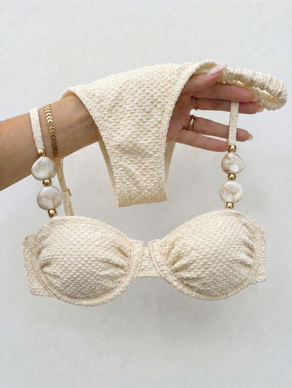 Bikinx Women's Elegant Beaded Stone Decor Textured Bikini Set, Backless Underwire Design, Suitable For Beach Vacation Summer, Resort Wear