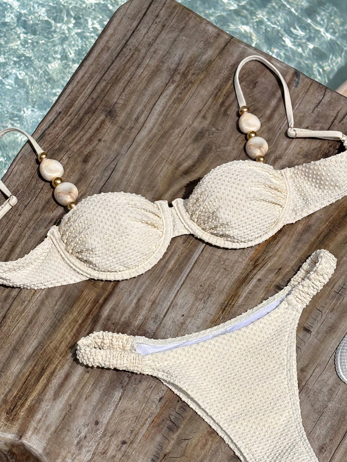 Bikinx Women's Elegant Beaded Stone Decor Textured Bikini Set, Backless Underwire Design, Suitable For Beach Vacation Summer, Resort Wear