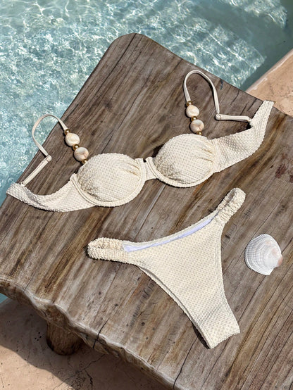 Bikinx Women's Elegant Beaded Stone Decor Textured Bikini Set, Backless Underwire Design, Suitable For Beach Vacation Summer, Resort Wear