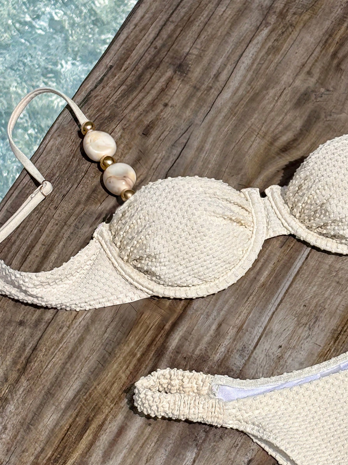 Bikinx Women's Elegant Beaded Stone Decor Textured Bikini Set, Backless Underwire Design, Suitable For Beach Vacation Summer, Resort Wear