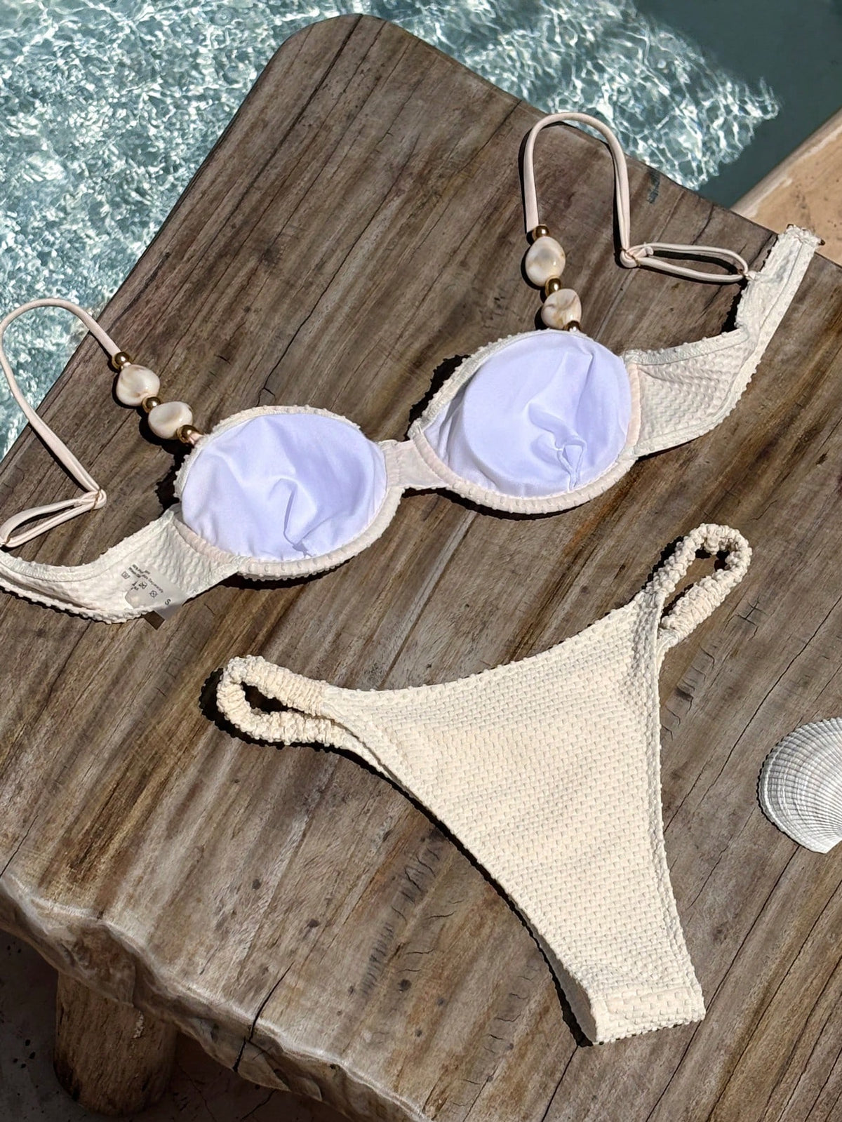 Bikinx Women's Elegant Beaded Stone Decor Textured Bikini Set, Backless Underwire Design, Suitable For Beach Vacation Summer, Resort Wear