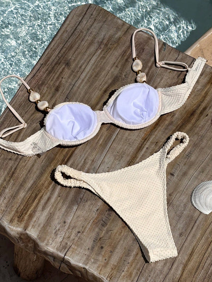 Bikinx Women's Elegant Beaded Stone Decor Textured Bikini Set, Backless Underwire Design, Suitable For Beach Vacation Summer, Resort Wear