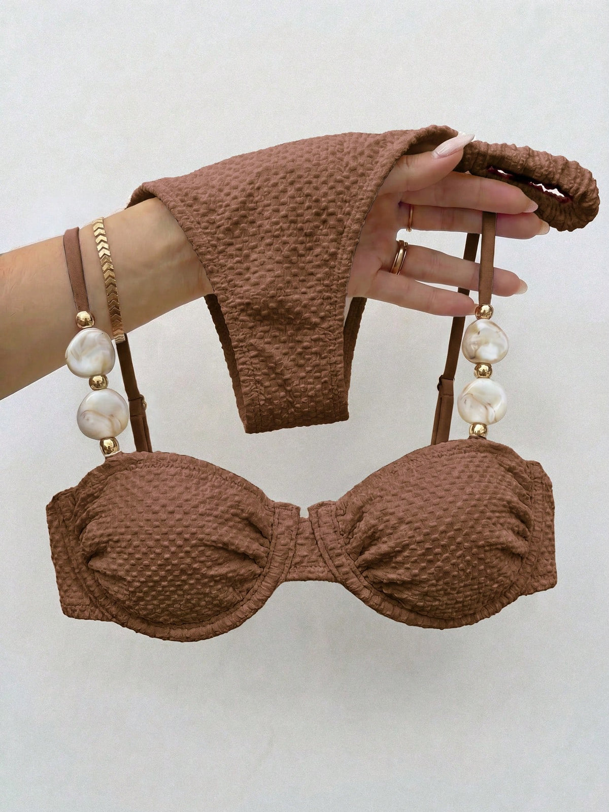 Bikinx Women's Elegant Beaded Stone Decor Textured Bikini Set, Backless Underwire Design, Suitable For Beach Vacation Summer, Resort Wear