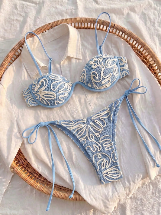 Bikinx Women's Embroidered Crochet Bikini Set, With Bra Lining And Tie-Side Bottoms, For Fashionable Beach Look Vacation Summer, Boho Chic