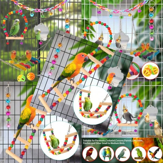 Bird Toys For Parakeets Parrots Conures Cockatiels Love Birds Finches Mynah Budgerigar- 9Pcs Wooden Ladder Bridge Swing Hammock Cage Accories