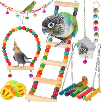 Bird Toys For Parakeets Parrots Conures Cockatiels Love Birds Finches Mynah Budgerigar- 9Pcs Wooden Ladder Bridge Swing Hammock Cage Accories