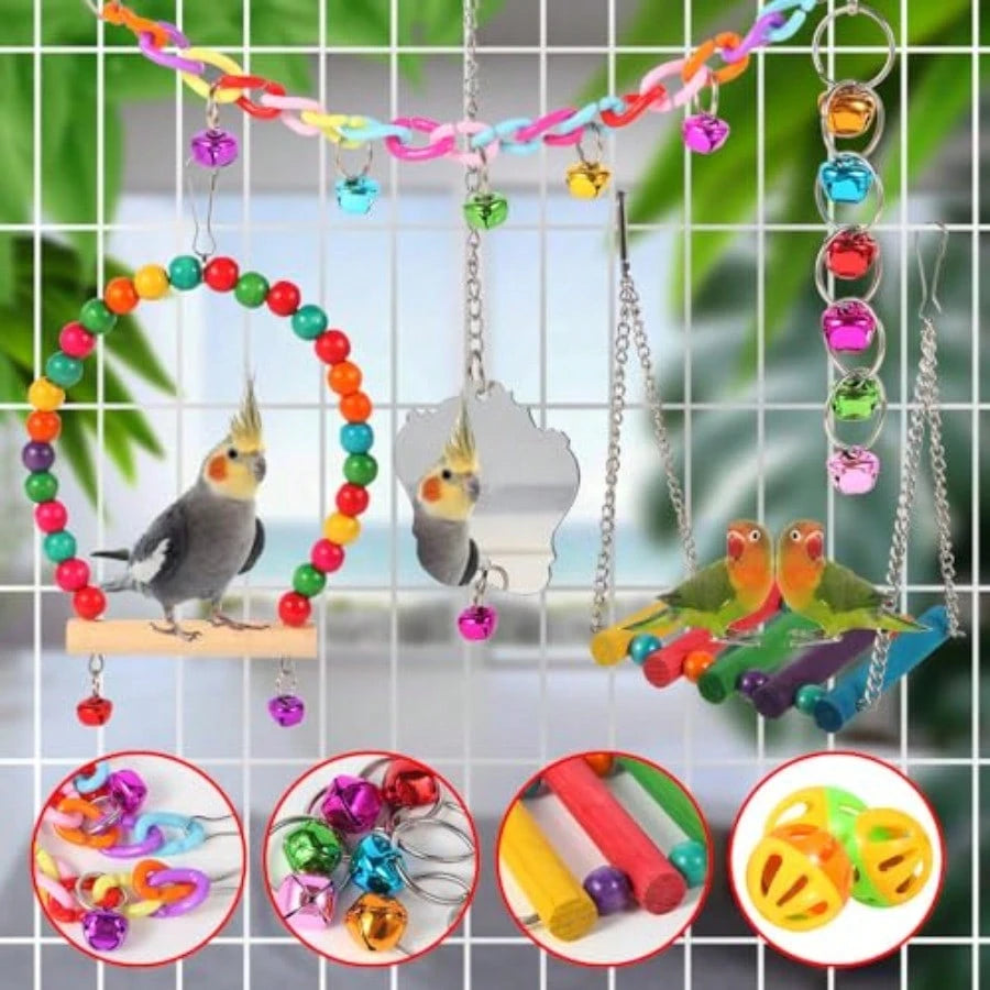 Bird Toys For Parakeets Parrots Conures Cockatiels Love Birds Finches Mynah Budgerigar- 9Pcs Wooden Ladder Bridge Swing Hammock Cage Accories