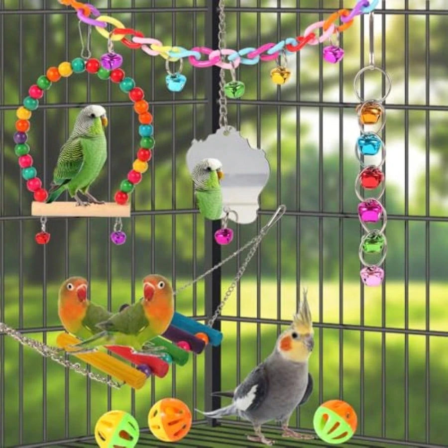 Bird Toys For Parakeets Parrots Conures Cockatiels Love Birds Finches Mynah Budgerigar- 9Pcs Wooden Ladder Bridge Swing Hammock Cage Accories
