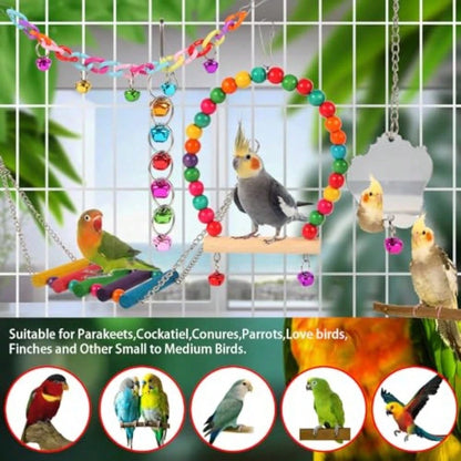 Bird Toys For Parakeets Parrots Conures Cockatiels Love Birds Finches Mynah Budgerigar- 9Pcs Wooden Ladder Bridge Swing Hammock Cage Accories