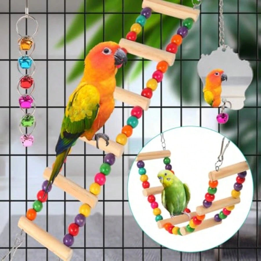 Bird Toys For Parakeets Parrots Conures Cockatiels Love Birds Finches Mynah Budgerigar- 9Pcs Wooden Ladder Bridge Swing Hammock Cage Accories