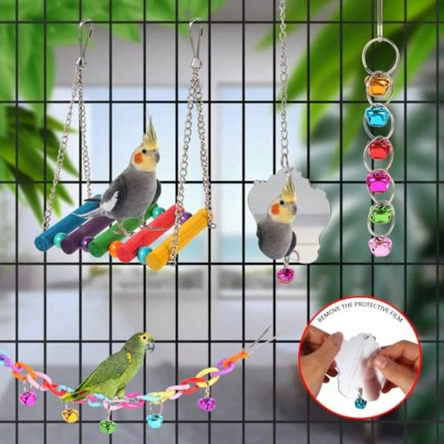 Bird Toys For Parakeets Parrots Conures Cockatiels Love Birds Finches Mynah Budgerigar- 9Pcs Wooden Ladder Bridge Swing Hammock Cage Accories