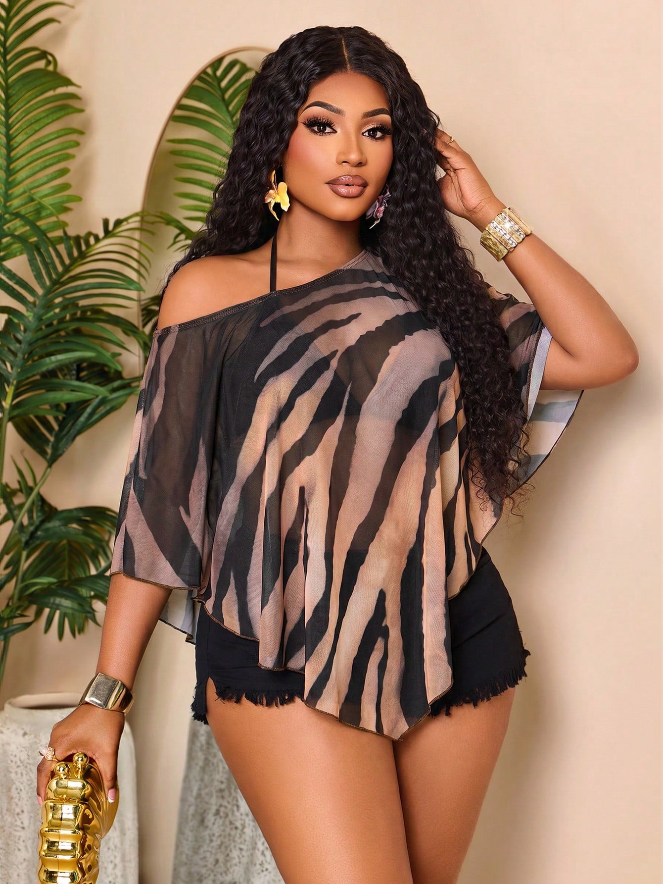 BIUBIU Fashion Plus Size Women's Zebra Print Mesh Top, Semi-Sheer Asymmetrical Collar Batwing Sleeve Asymmetrical Hem Vacation Brown Summer