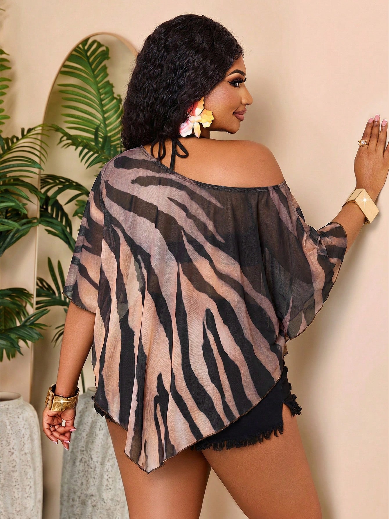 BIUBIU Fashion Plus Size Women's Zebra Print Mesh Top, Semi-Sheer Asymmetrical Collar Batwing Sleeve Asymmetrical Hem Vacation Brown Summer