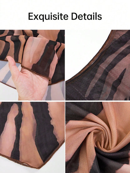 BIUBIU Fashion Plus Size Women's Zebra Print Mesh Top, Semi-Sheer Asymmetrical Collar Batwing Sleeve Asymmetrical Hem Vacation Brown Summer