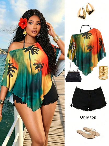 BIUBIU Fashion Plus Size Women's Zebra Print Mesh Top, Semi-Sheer Asymmetrical Collar Batwing Sleeve Asymmetrical Hem Vacation Brown Summer