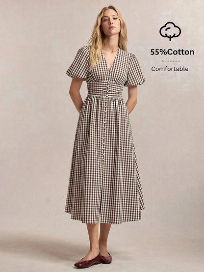 BizChic V-Neck Plaid Dress, Vintage French Elegant Business Formal Vacation Country Slouchy Luxury Dating Daily Holiday Halloween Back To School Party Birthday Wedding Guest Church Special Occasion Ve