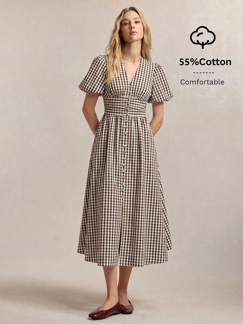 BizChic V-Neck Plaid Dress, Vintage French Elegant Business Formal Vacation Country Slouchy Luxury Dating Daily Holiday Halloween Back To School Party Birthday Wedding Guest Church Special Occasion Ve