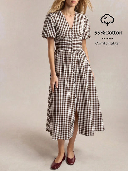 BizChic V-Neck Plaid Dress, Vintage French Elegant Business Formal Vacation Country Slouchy Luxury Dating Daily Holiday Halloween Back To School Party Birthday Wedding Guest Church Special Occasion Ve
