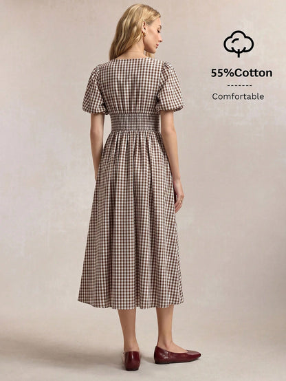 BizChic V-Neck Plaid Dress, Vintage French Elegant Business Formal Vacation Country Slouchy Luxury Dating Daily Holiday Halloween Back To School Party Birthday Wedding Guest Church Special Occasion Ve